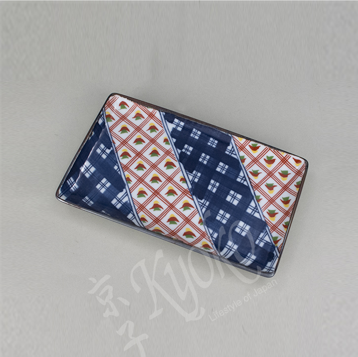 20-557: Platte Yakimonosara Koshi, quadr., blau/rot, 12,5 x 20,7 cm; H = 2 cm