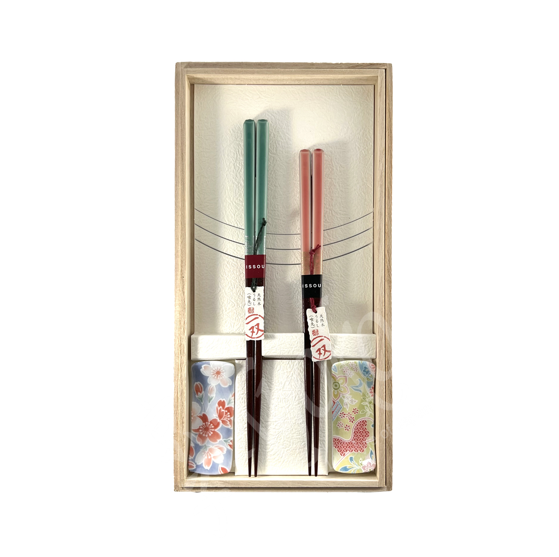 22-123: 2:2 Hashi-Set Pair, Holzstäbchen lackiert, Keramik Stäbchenbank – Bild 2